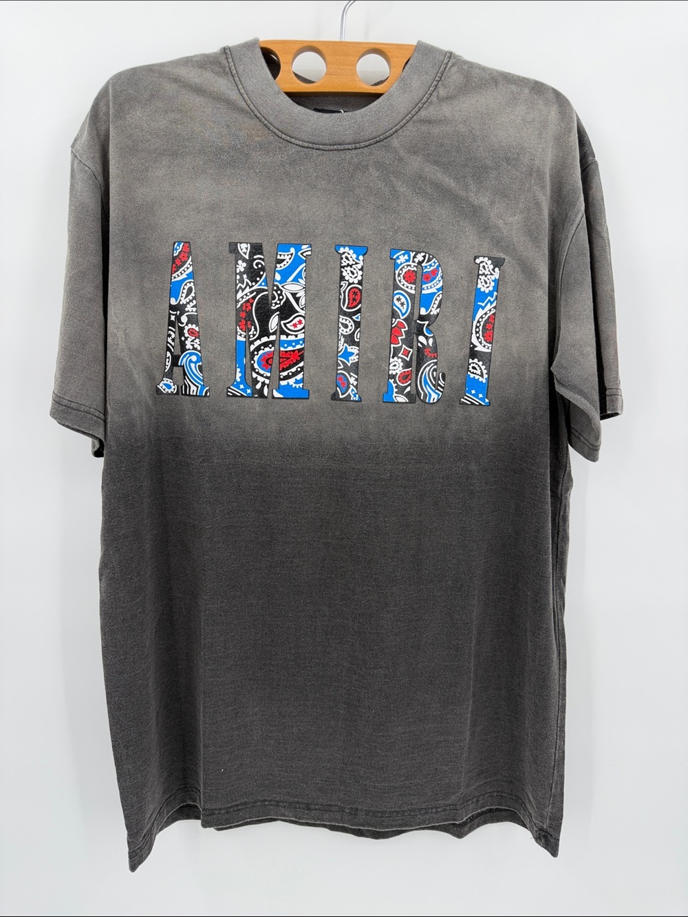 Men's Washed Black Graphic T-Shirt with Blue Paisley Print